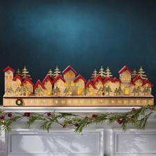 30" Holiday Wooden Village Led Advent Calendar W/Illuminated Houses  Pine Trees