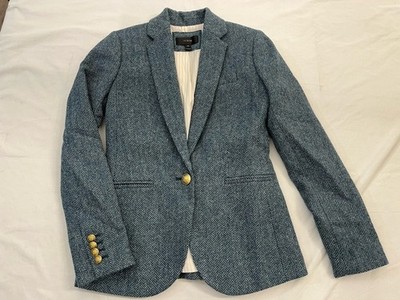 J Crew Campbell Blazer Jacket 100%Wool Tweed Moon England Blue Herringbone Sz 00