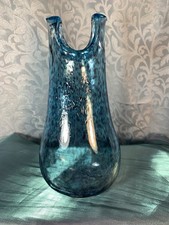 Mid-century Modern Hand-Blown Blue Speckled Art Glass Vase