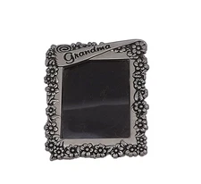 Grandma Miniature Pewter Frame Brooch Pin Floral Easel Stand Photo Holder