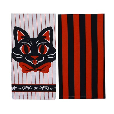 Celebrate Together Halloween Black Cat & Orange Stripe Kitchen Towels Set of 2