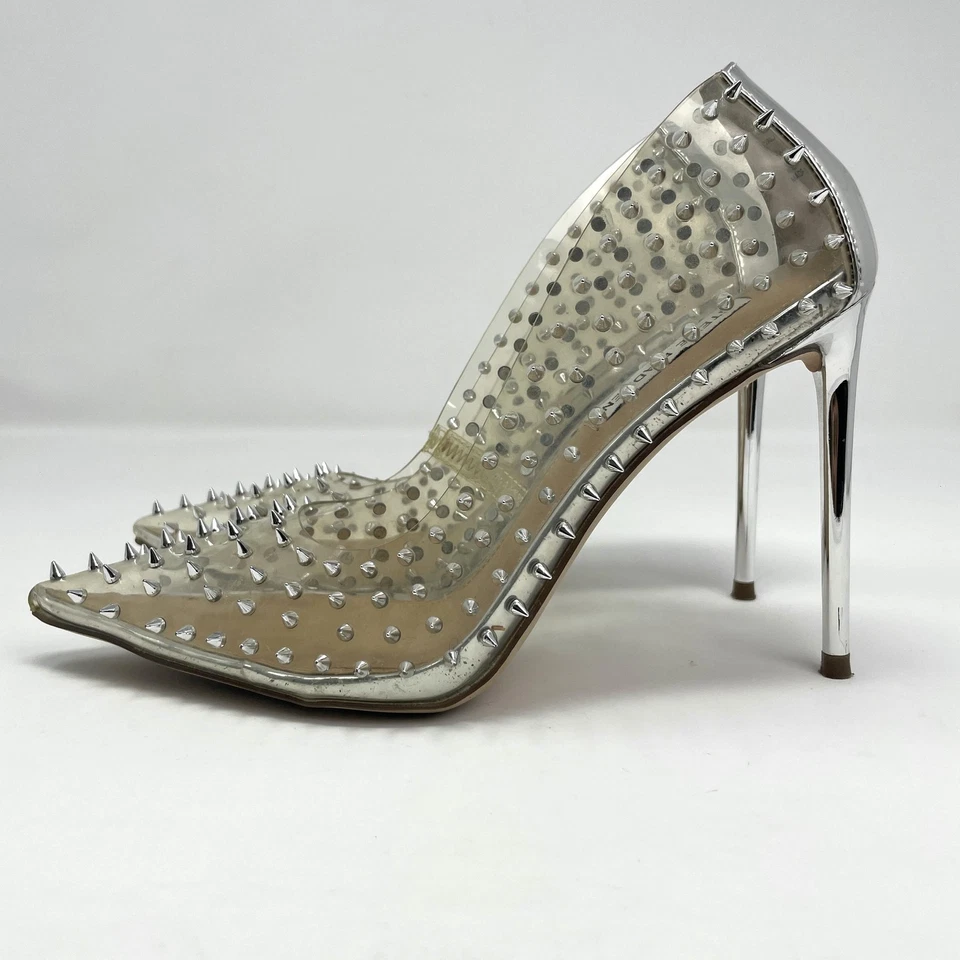 Steve Madden Shoes Wmns 7.5M Clear PVC Silver Vala Spiked Pointed Toe Heels Glam - Image 2 of 4