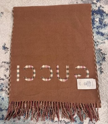 Gucci women's Scarf Shawl Stole Wrap wool cashmere made in italy GG Logo Brown