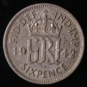 1942 England Silver 6 Pence (6P), WW2, King George VI