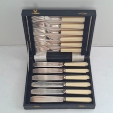 Vintage Boxed Set of 12 EPNS Fish Cutlery Knives & Forks with Faux Bone Handles