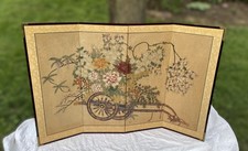 Vintage Japanese Byobu 4 Panel Silk Screen Flower Cart Hanaguruma Folding 52x34