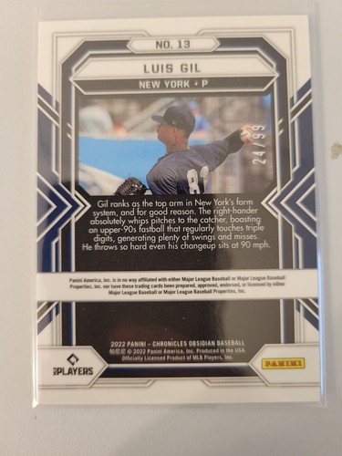 Luis Gil Rookie Obsidian Purple 24/99 2022 Panini Chronicles Baseball - Picture 2 of 2