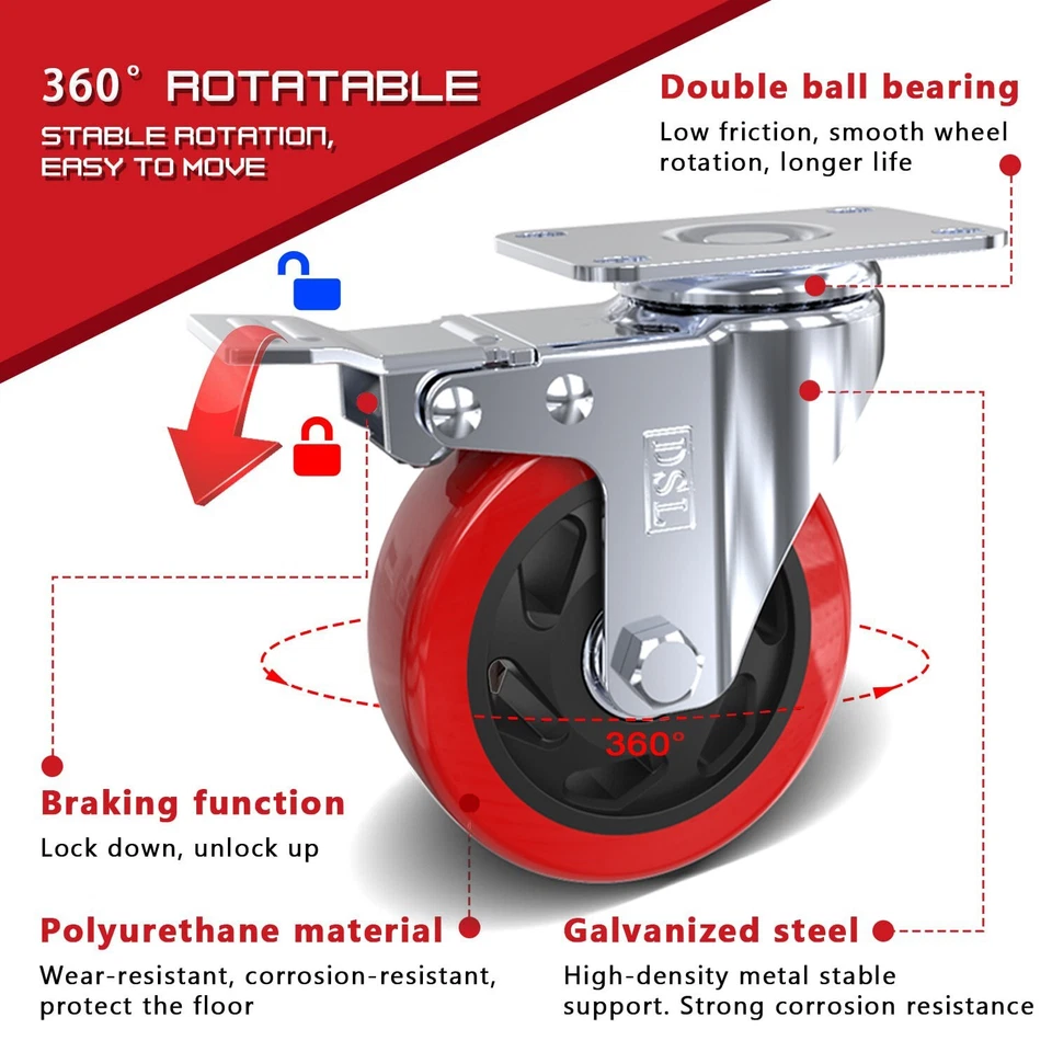 DSL 4 DoubleBearing 700KG 100mm Rubber Swivel Castor Wheels Trolley Caster BOLT - Image 2 of 4