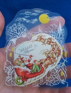 RARE VTG 1940'S CELLOPHANE FLOCKED SANTA CLAUS REINDEER VILLAGE GREETING CARD