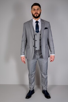 Mens Suit Light Grey Three Piece Wedding Racing Prom Groom Formal  UK