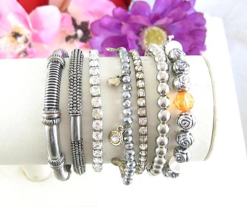 Lot of 7 Vintage BRACELETS RHINESTONES Silvertone Beaded Rose Orange Beads