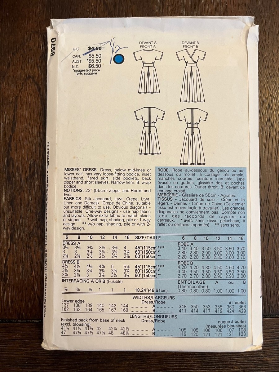 Vogue 8970 UNCUT Sewing Pattern, Misses' Dress, Size 12 | eBay
