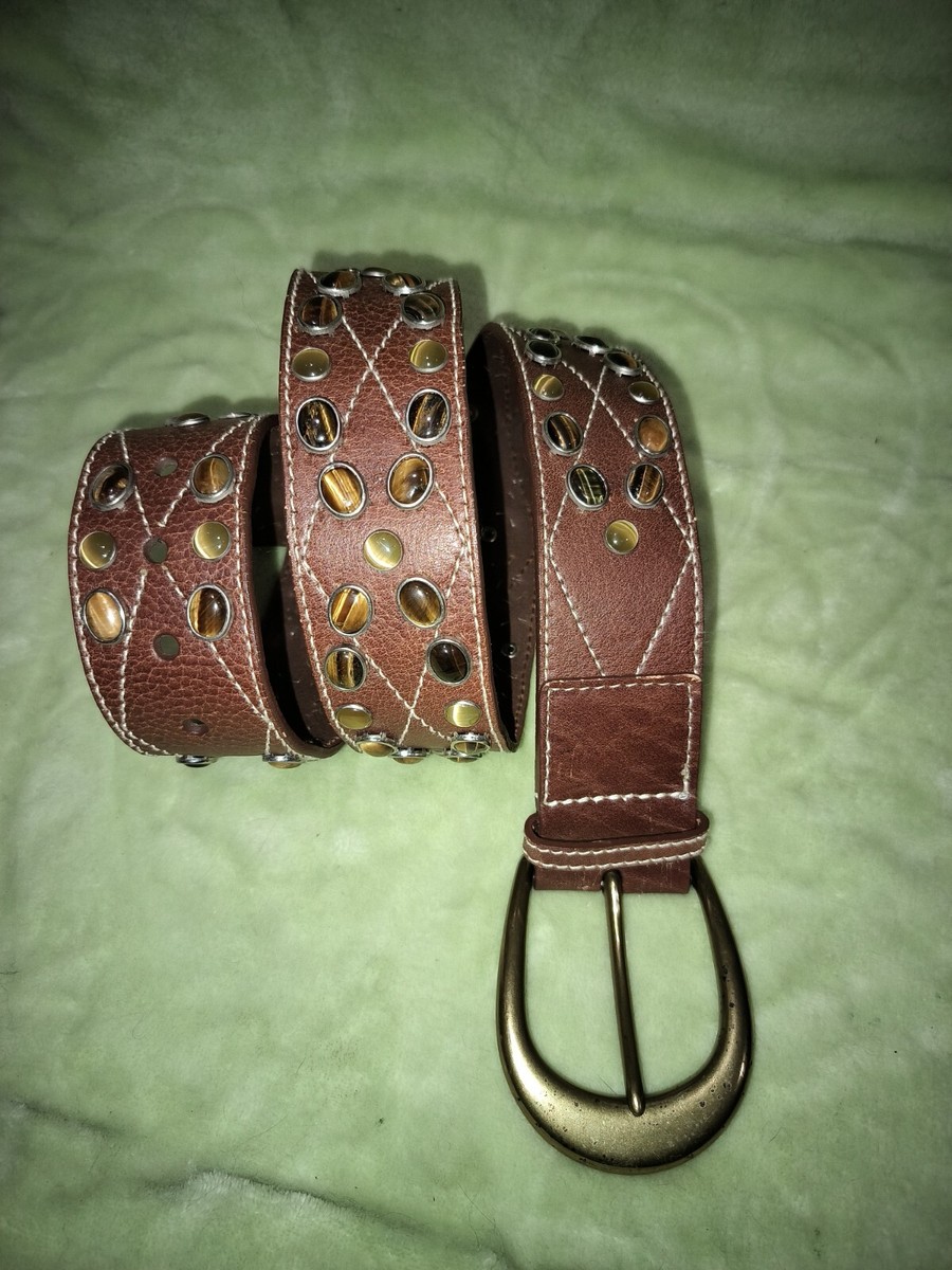 Michael Kors Brown Leather Tiger Eye Gemstones Studded Belt  display picture 2