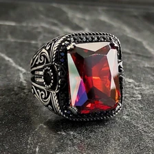 Men Square Red Garnet Gemstone Silver Ring , Men Light Red Stone Silver Ring