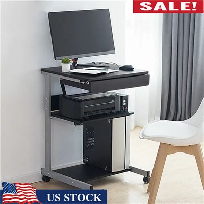 Rolling Computer Desk w/ 2 Storage Shelves ＆ Drawer OverBed Tray Table US