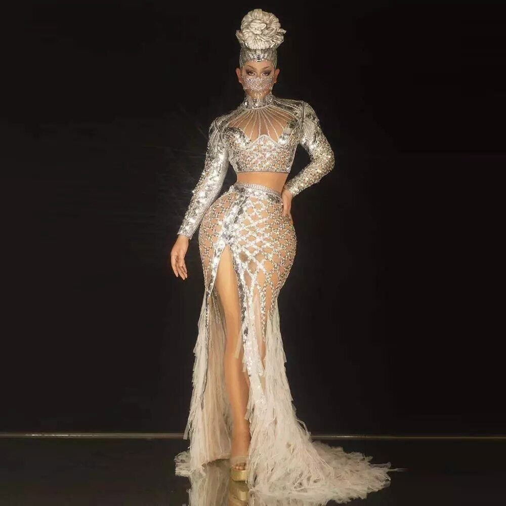 Women Sequin Mesh Fringe Long Dresses Outfit Dancer Show Stage Wear Costume  | eBay