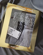 Michael Kors 3 Piece Scarf Hat Glove Boxed Set Gray w/MK Logo FREE SHIPPING!