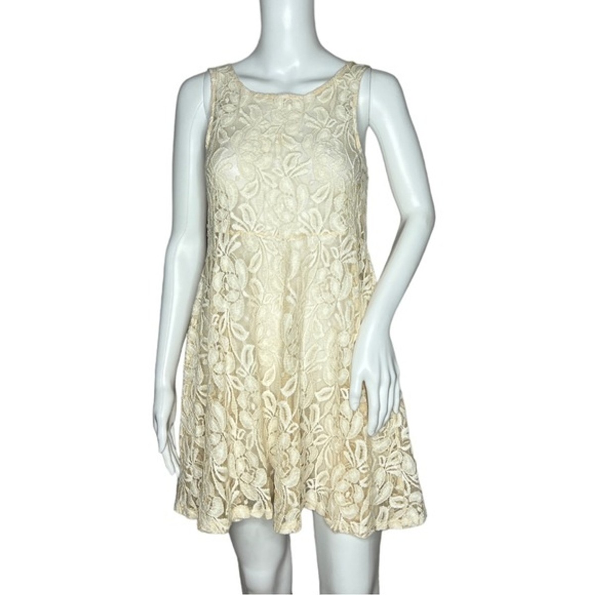 Free People Dress Womens XS Cream Miles Of Lace Sheer Lace Mini Neutral  Feminine
