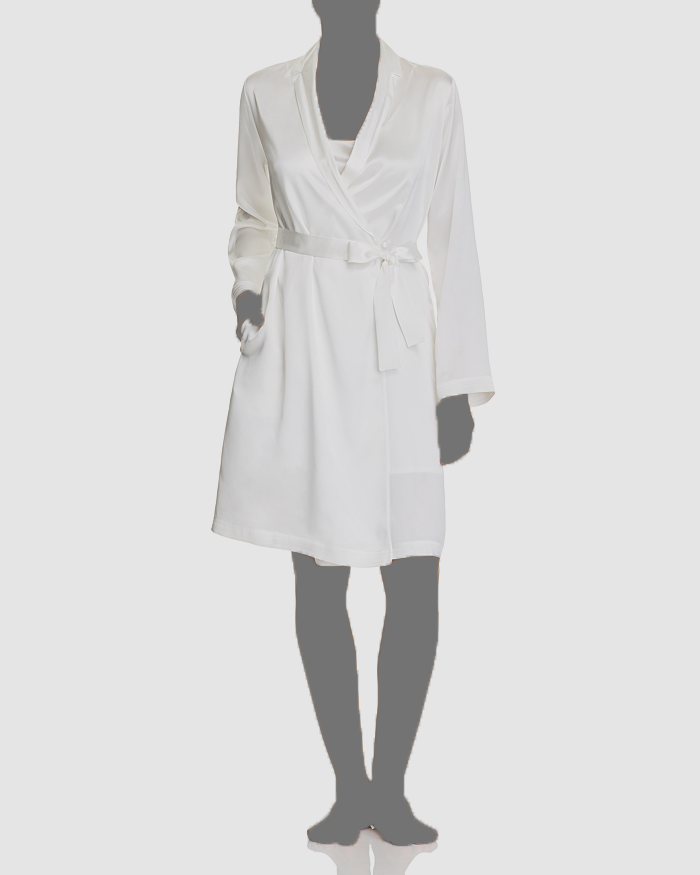 $465 La Perla Women's White Short Long Sleeve Silk Satin Robe