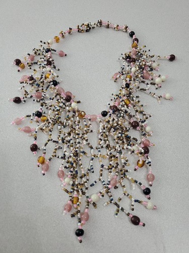 Cluster Beaded Statement Necklace Pink Easy Loop Clasp - Picture 2 of 4