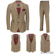 Mens Brown Herringbone Check 3 Piece Suit Sold Separate Blazer Trouser Waistcoat