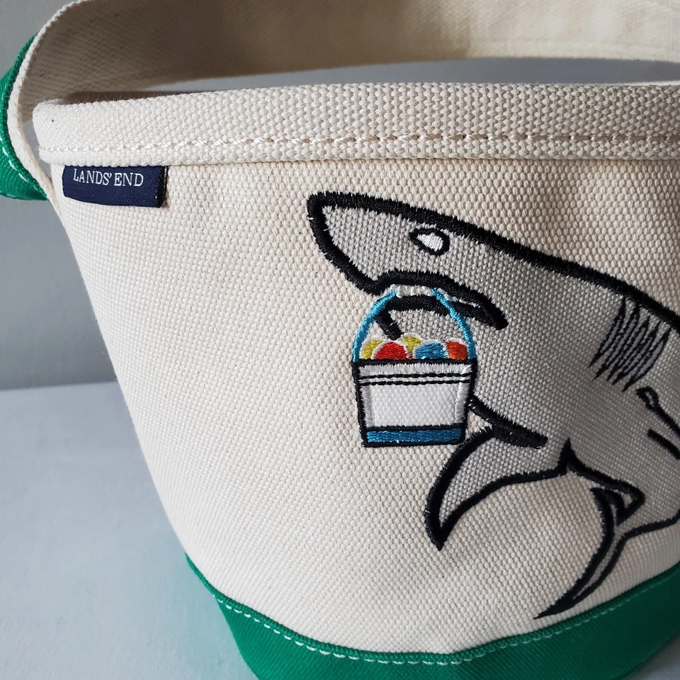 Lands End Bucket Basket Bag Tote Canvas  Shark  Embroidered Green Natural Cream - Image 2 of 4