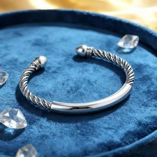 Silver-plated Copper Silver Men Unique Twisted Buds Torque Bangle Cuff Bracelet