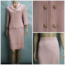 ST. JOHN Collection Knits Pink Jacket Skirt L 10 8 2pc Suit Buttons Crochet Trim