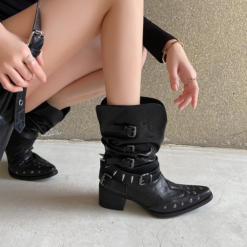 Women's Pointed Toe Buckle Mid Calf Boots Cowboy Western Rivets Block Heels Punk