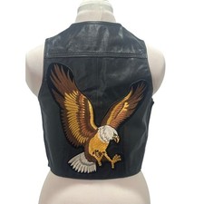 Vintage Black Leather Vest SMALL Velvet Stitched Eagle Patch Biker Bikercore