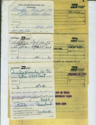 BURLINGTON NORTHERN R.R. TRAIN ORDERS (18) PARADISE, MONTANA  1972 - 1976.
