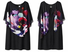 Avenue Floral Overlay Dress Plus Size 30/32 Black Chiffon Cape Bloom Print NWT