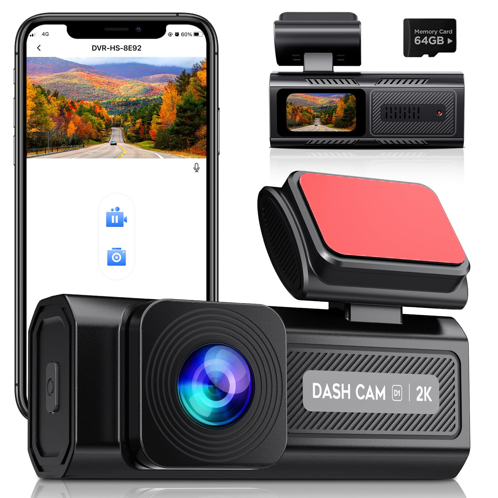 2K Dash Cam with 64GB SD Card, 1440P Front Car Camera for Enhanced Recording