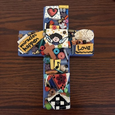 Hand Crafted Painted Cross Handmade Bead button Crafted 6  X 8  Miracles Angel