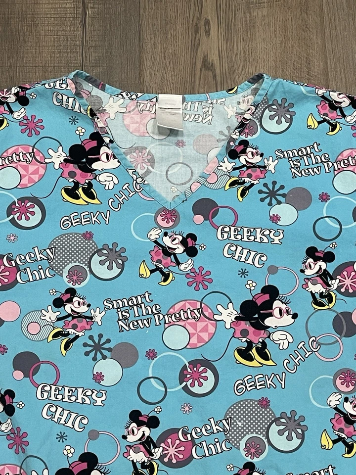 Disney Minnie Mouse Geeky Chic All Over Print Scrub Top Blue Women’s - Size 2X - Image 2 of 4