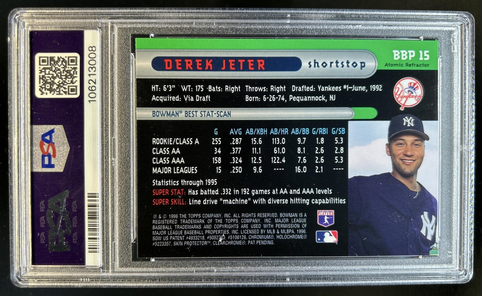 1996 Bowman Derek Jeter Bowman's Best Previews Atomic Refractor #BBP 15 PSA 9 view 2
