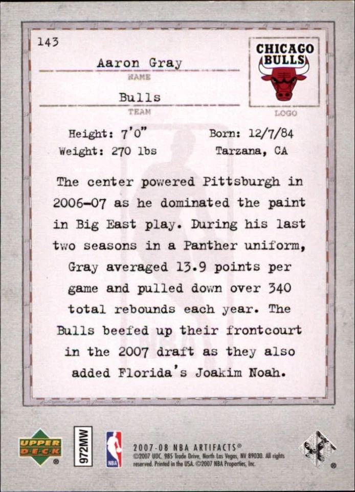 2007-08 Artifacts #143 Aaron Gray RC /1299 - BSK - Image 2 of 2