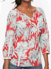Talbots XL Red Blue Palm Tree 3/4 Sleeve VNeck Cotton Blouse Beach Boho Soft