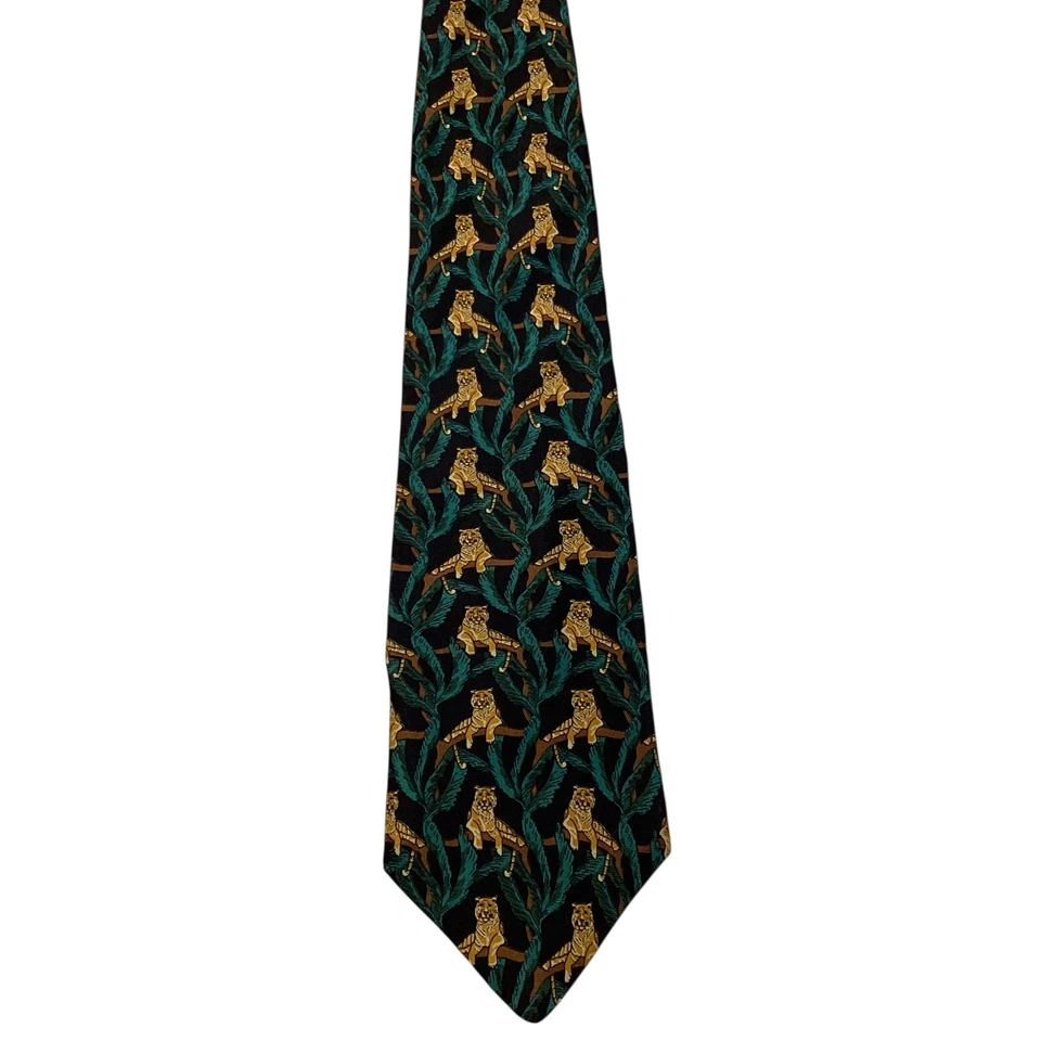 Gravata de seda masculina CROFT & BARROW designer EUA animal TIGERS preta/laranja em excelente estado usado - Imagem 2 de 3
