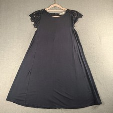 LOFT Womens Small Navy Blue Shift Dress Lace Cap Sleeve Back Button EUC Classy