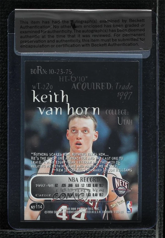 BAS 1998-99 Skybox Thunder Keith Van Horn #114 Seal of Authenticity Auto - Image 2 of 2