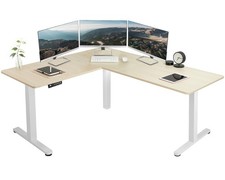 VIVO Light Wood / White Electric 63" x 55" Corner Desk, L-Shaped Workstation