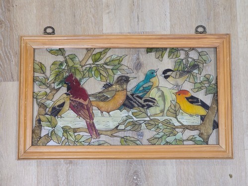 Joan Baker Framed Painted Glass Bird Wall Art Cardinal Goldfinch Chickadee