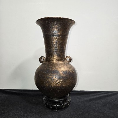MCM Brutalist ? ceramic vase w/ inner turquoise glaze stamped with wood stand