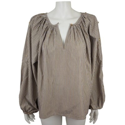 NWT LOFT Brown White Gold Metallic Shimmer Striped Pullover Blouse Womens L