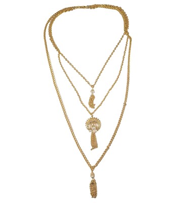 VINTAGE MULTI STRAND NECKLACE GOLD TONE CHAIN FAUX PEARL CUSTOME JEWELRY