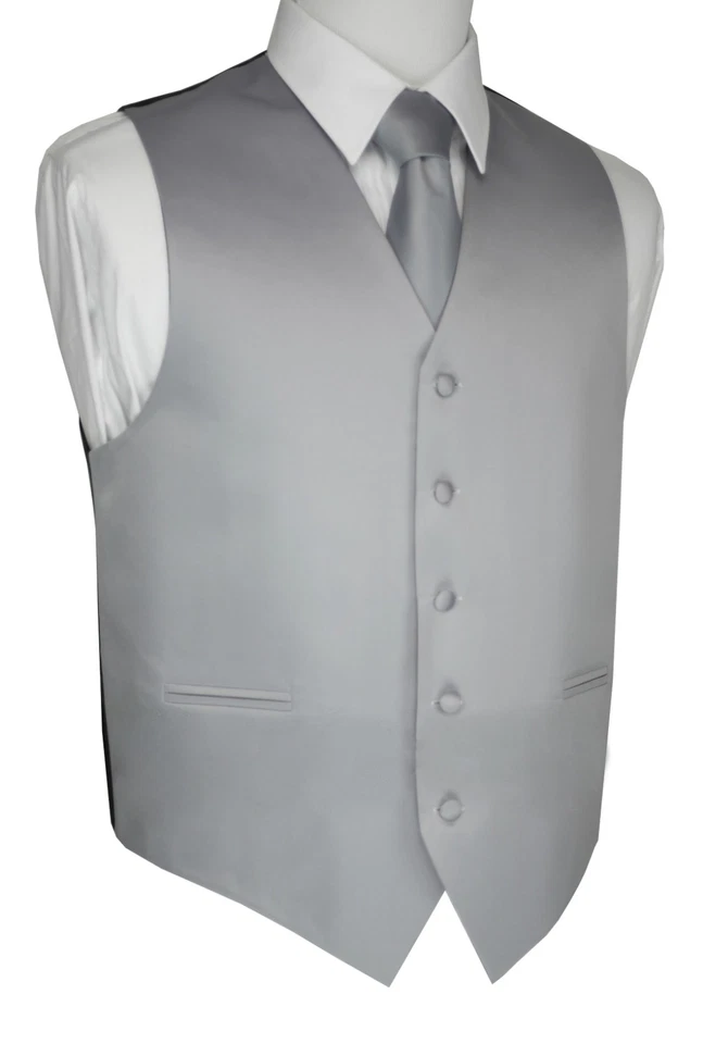 Men's Silver Satin Formal Tuxedo Vest, Tie & Hankie Set Wedding Prom Homecoming - Image 3 of 4