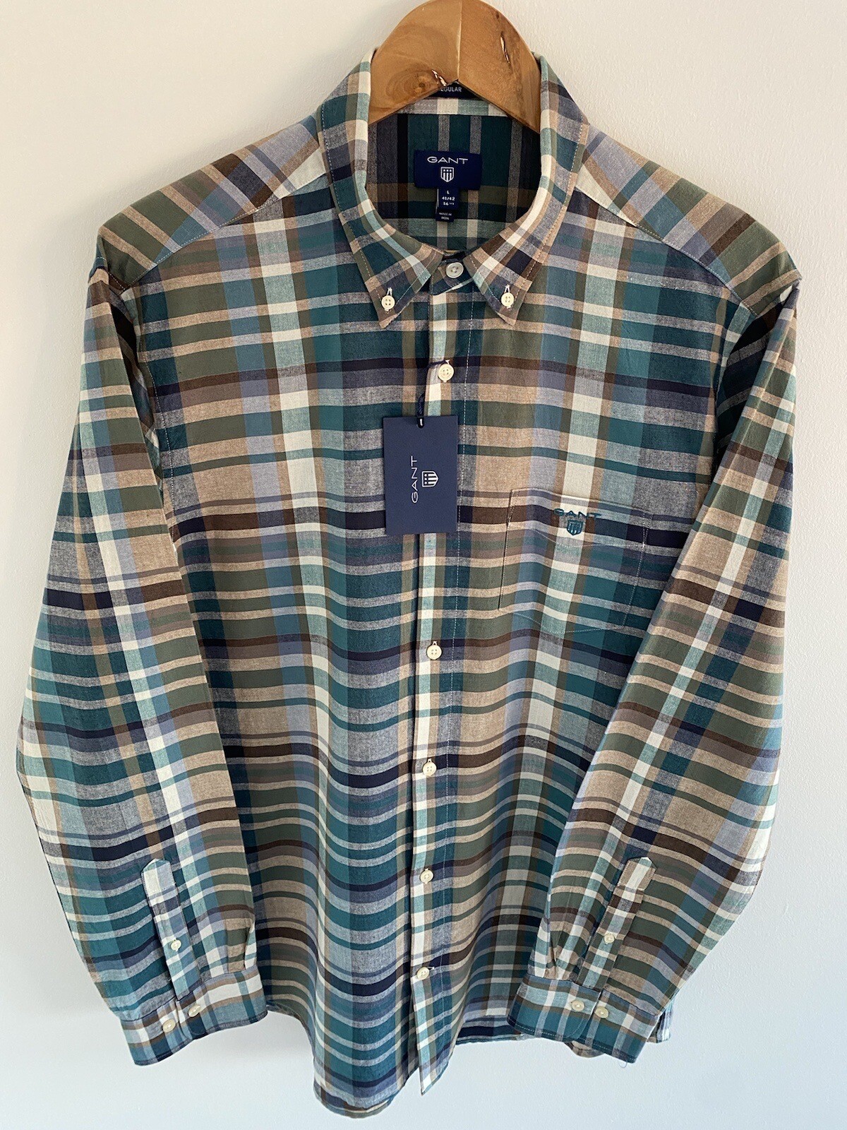 GANT Shirt Size L Large Men's Brown Check Regular Fit Long Sleeve