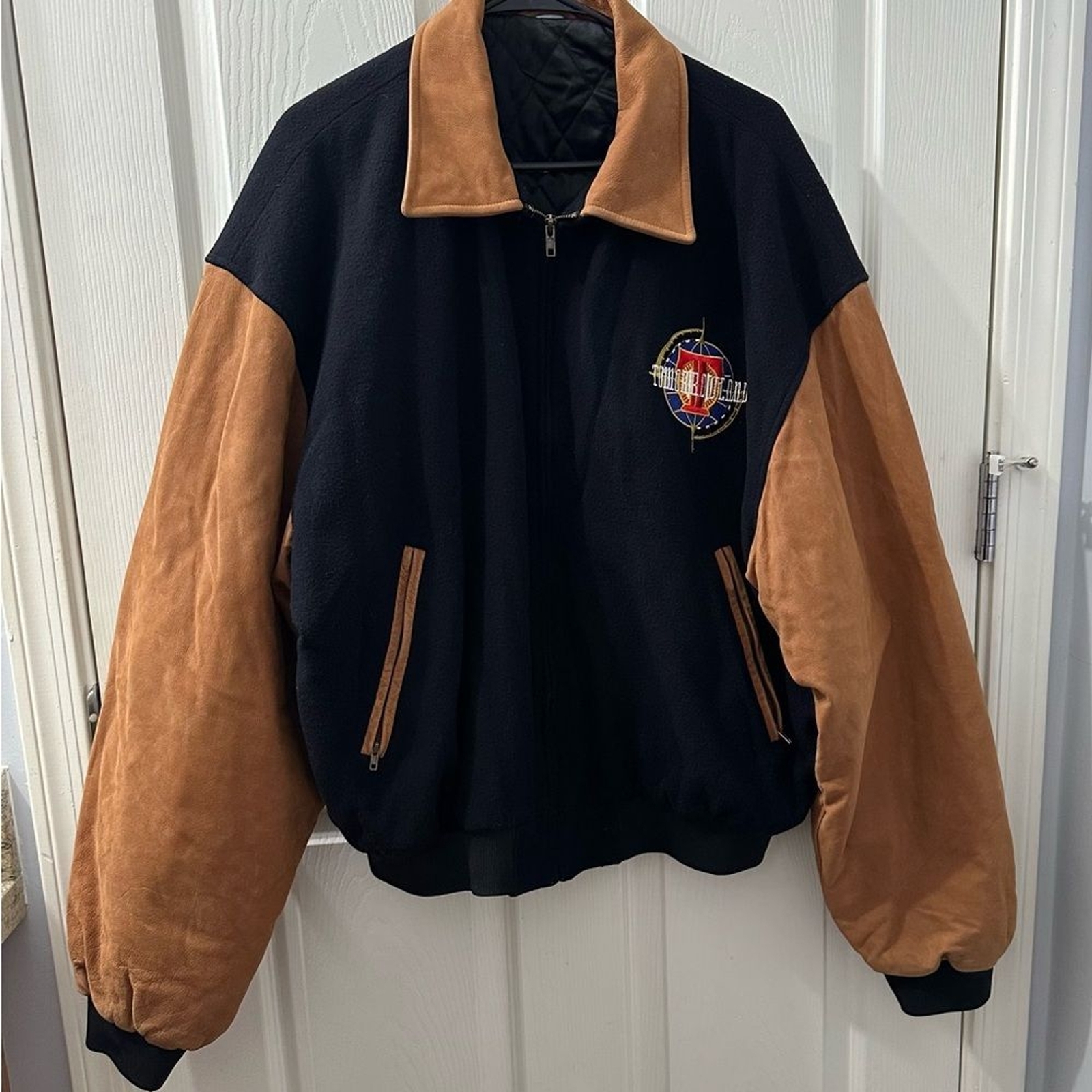 Vintage Tomorrow Land Black Bomber Varsity Jacket Brown Black Leather Wool XXL