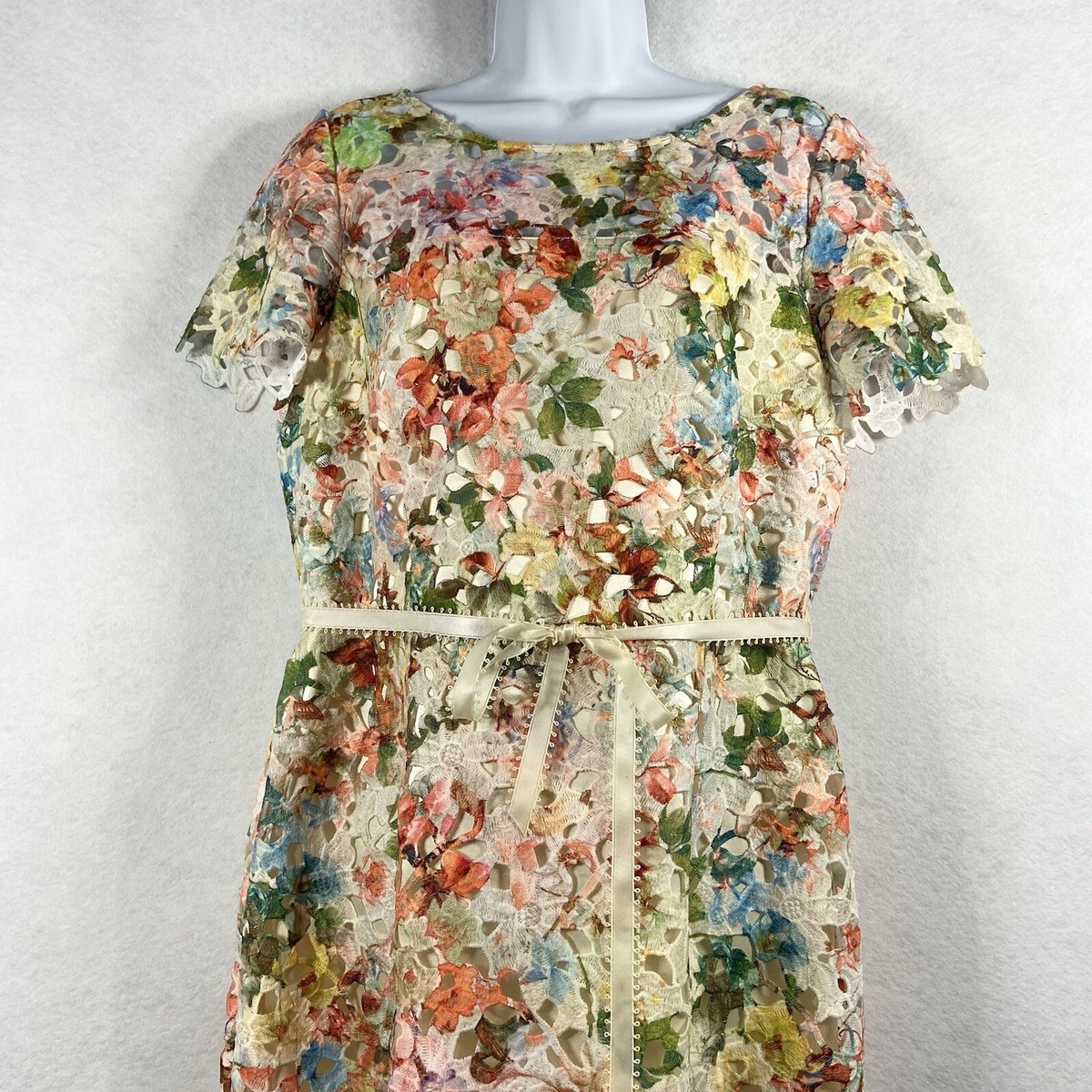 tahari asl lace sheath dress Tahari ASL | Embroidered Hi-Low Dress | Taupe Silver